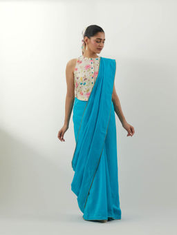 Vinusto - Blue Chanderi Saree with Stitched Blouse