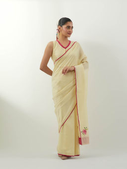 Vinusto - Cream Ready To Wear Chanderi Saree with Stitched Blouse