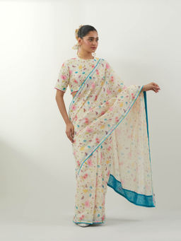 Vinusto - Ivory Printed Saree with Stitched Blouse