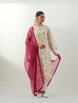 Vinusto - Ivory Floral Straight Kurta with Pant and Dupatta