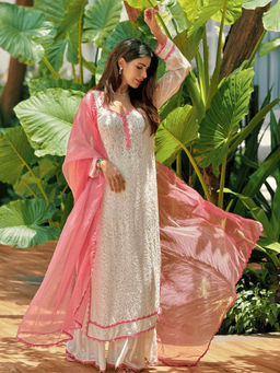 Label Aishwaryrika - Pink Pearl Rose Chikankari Lace Kurta with Palazzo and Dupatta