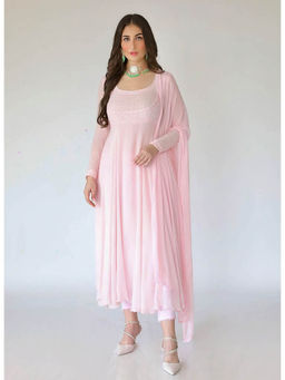 Label Aishwaryrika - Camellia Pink Chikankari Embroidery Anarkali Pant with Dupatta