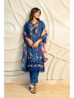 LABEL MAE - Blue Embraided Printed Kurta With Pant And Dupatta