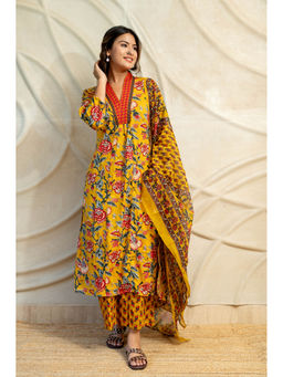 LABEL MAE - Yellow Printed Kurta With Palazzo And Dupatta