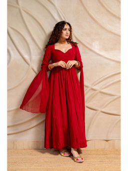 LABEL MAE - Red Silk Anarkali With Pant And Dupatta