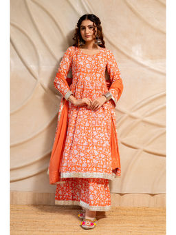 LABEL MAE - Orange Block Printed Kurta With Palazzo And Dupatta