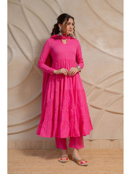 LABEL MAE - Pink Mirror Work Anarkali With Pant And Dupatta