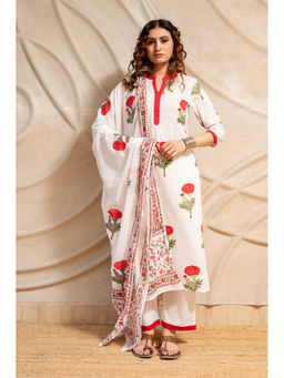 LABEL MAE - White Block Printed Kurta With Pant And Dupatta
