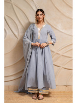 LABEL MAE - Grey Anarkali With Pant And Dupatta