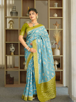 ZILIKAA - English Blue Munga Banarasi Silk Saree with Unstitched Blouse