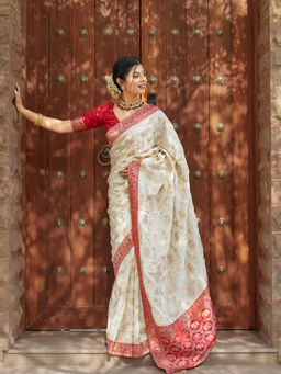 ZILIKAA - Ivory Munga Banarasi Silk Saree with Unstitched Blouse