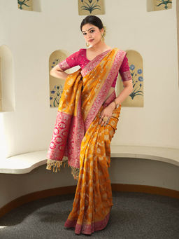 ZILIKAA - Mustard Munga Banarasi Silk Saree with Unstitched Blouse
