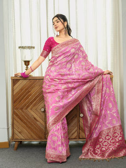 ZILIKAA - Pastel Pink Munga Banarasi Silk Saree with Unstitched Blouse