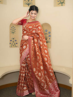 ZILIKAA - Burnt Orange Munga Banarasi Silk Saree with Unstitched Blouse