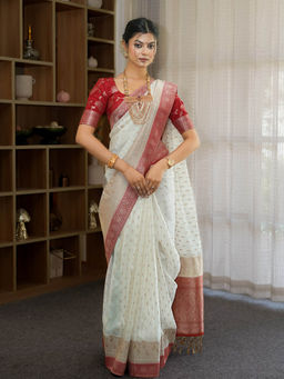 ZILIKAA - Ivory Red Munga Banarasi Silk Saree with Unstitched Blouse