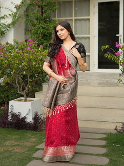 ZILIKAA - Scarlet Red Munga Banarasi Silk Saree with Unstitched Blouse