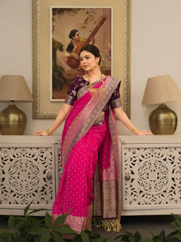 ZILIKAA - Queen Pink Munga Banarasi Silk Saree with Unstitched Blouse