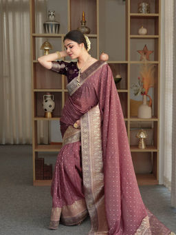 ZILIKAA - Orchid Mauve Munga Banarasi Silk Saree with Unstitched Blouse