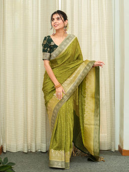 ZILIKAA - Green Baby Mehendi Munga Banarasi Silk Saree with Unstitched Blouse
