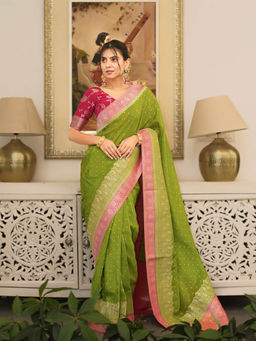 ZILIKAA - Olive Mehendi Munga Banarasi Silk Saree with Unstitched Blouse