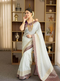ZILIKAA - Ivory Purple Munga Banarasi Silk Saree with Unstitched Blouse