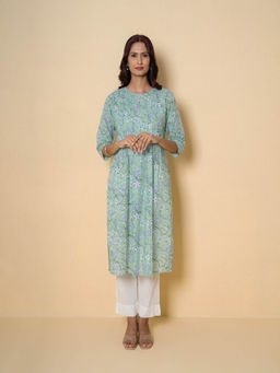 Kameez - Sea Green Floral Block Print Cotton Kurta With Pant