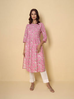 Kameez - Pink Floral Block Print Cotton Kurta With Pant