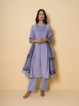 Kameez - Purple Print Chanderi Kurta With Pant And Dupatta
