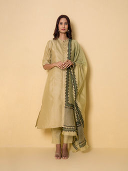 Kameez - Pear Green Print Chanderi Kurta With Pant And Dupatta