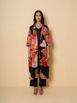 Kameez - Black Floral Digital Print Kurta With Pant And Jacket