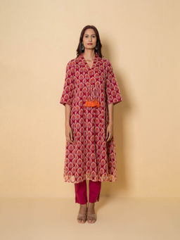 Kameez - Red Rouge Hand Print Kota Doria Kurta With Pant