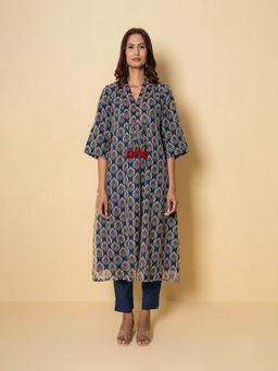 Kameez - Blue Hand Print Kota Doria Kurta With Pant