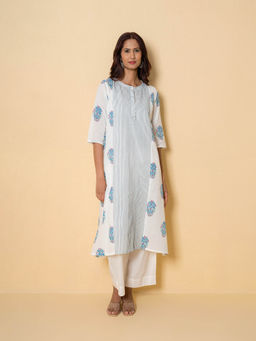 Kameez - Blue Floral Block Print Cotton Kurta With Pant