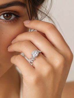 Miss Highness - 925 Sterling Silver Leaf Ring for with White Stone for Women