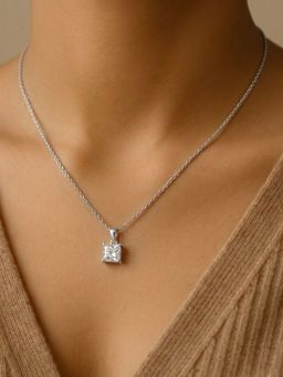 Miss Highness - 925 Sterling Silver Square Solitaire Necklace with White Stone for Women