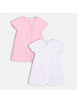 MINI KLUB - Pink & White Cotton Half Sleeves Checked & Hearts Printed Dress (Pack of 2)