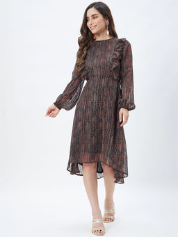 Kibo - Women Brown Geometric Print High-Low Knee Length Dress