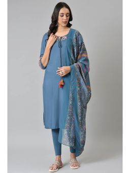 W - Teal Solid Kurta with Leggings & Dupatta (Set of 3)