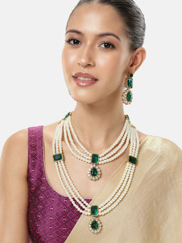 Peora - Gold Plated Green Crystals and Beads Studded Short and Long Jewellery Set