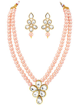 Peora - Gold Plated Kundan and Beads Studded Light Pink Jewellery Set