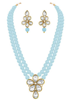 Peora - Gold Plated Sky Blue Kundan and Beads Studded 2 Layer Jewellery Set