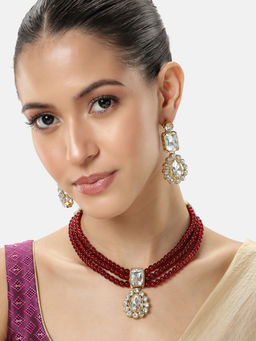 Peora - Maroon Beads and Gold Plated Crystals Studded Jewellery Set