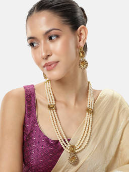 Peora - Gold Plated Champagne Crystals and Beige Beads Studded Long Jewellery Set