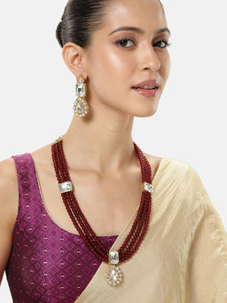 Peora - Maroon Beads And Gold Plated Crystals Studded Long Jewellery Set