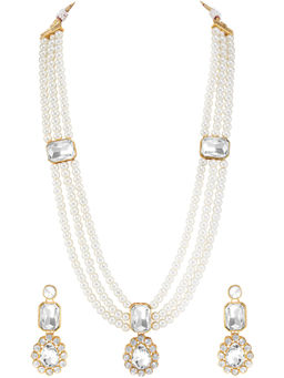 Peora - Gold Plated Crystal and Beads Studded White Jewellery Set