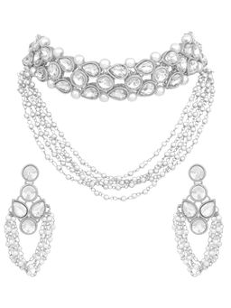Peora - Silver Plated Crystal and Beads Studded 2 Layer Jewellery Set