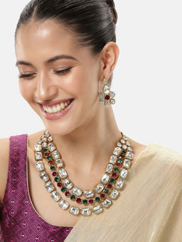 Peora - Multi-Color Crystal Studded Gold Plated Layered Long Jewellery Set