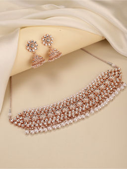 Peora - Rose Gold Plated Kundan and Beads Studded Choker Jewellery Set