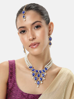 Peora - Blue Crystal and Beads Studded Jewellery Set