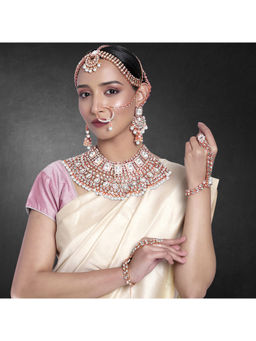 Peora - Rose Gold Plated Kundan Crystal and Beads Studded Bridal Jewellery Set